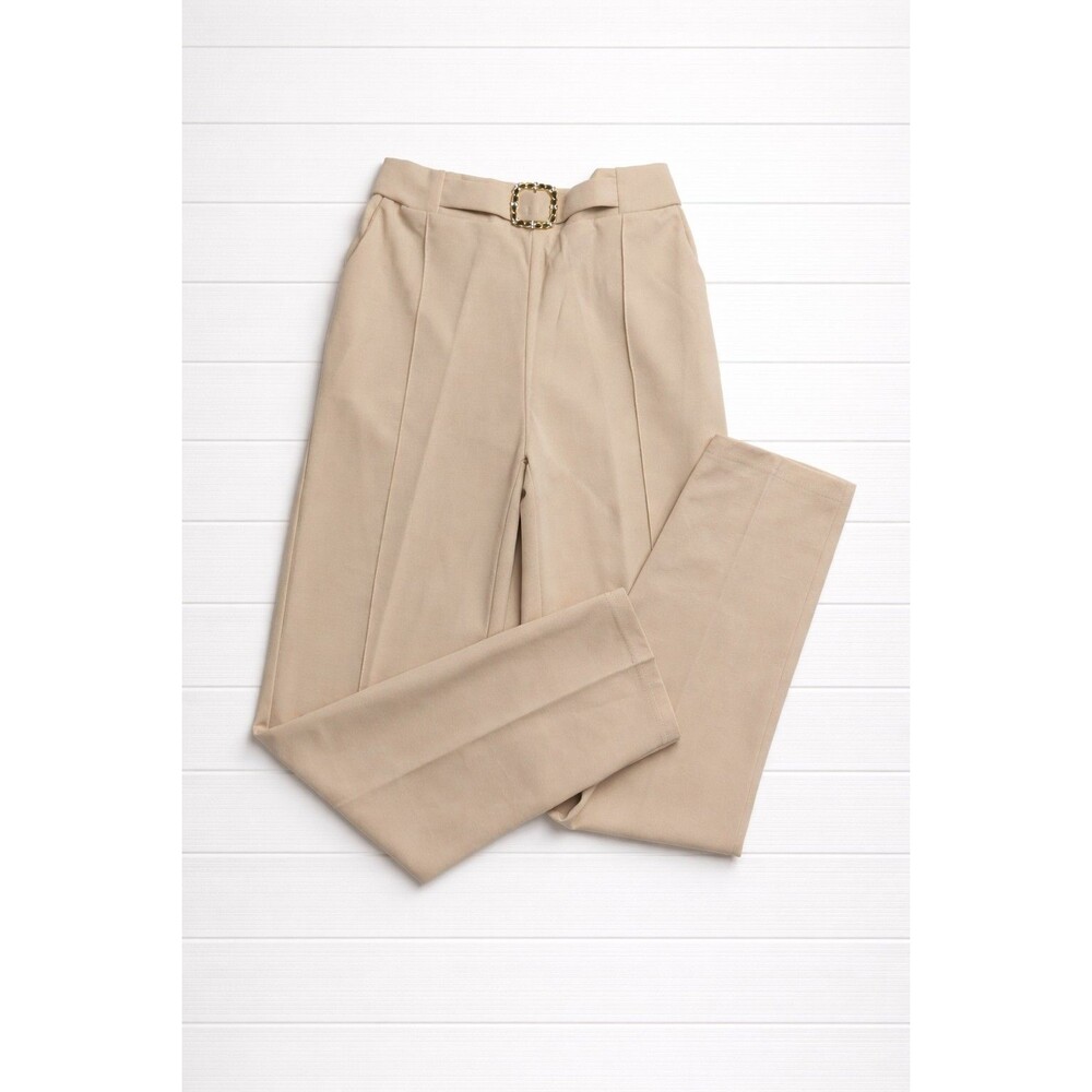 Tan cropped pleated pants with embellished rhinestone buckle Small